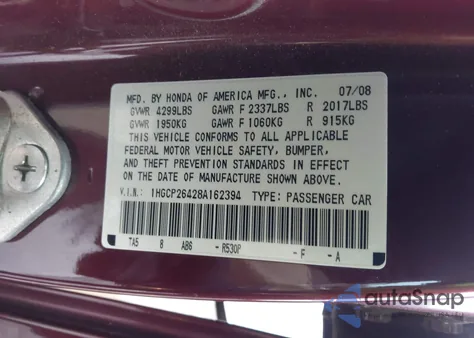 2008 Honda Accord 2.4 Lx-P from USA, damaged, VIN 1HGCP26428A162394